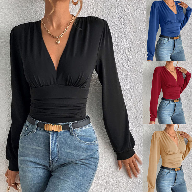 Haut manches longues mode col en v couleur unie