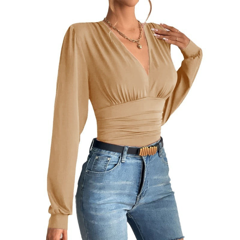 Haut manches longues mode col en v couleur unie