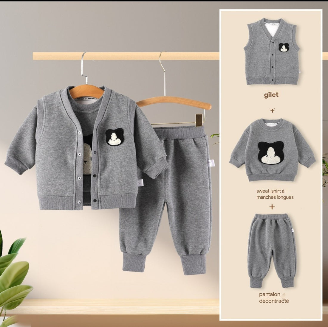Sweat-shirt, pantalon et gilet ensemble trois pièces