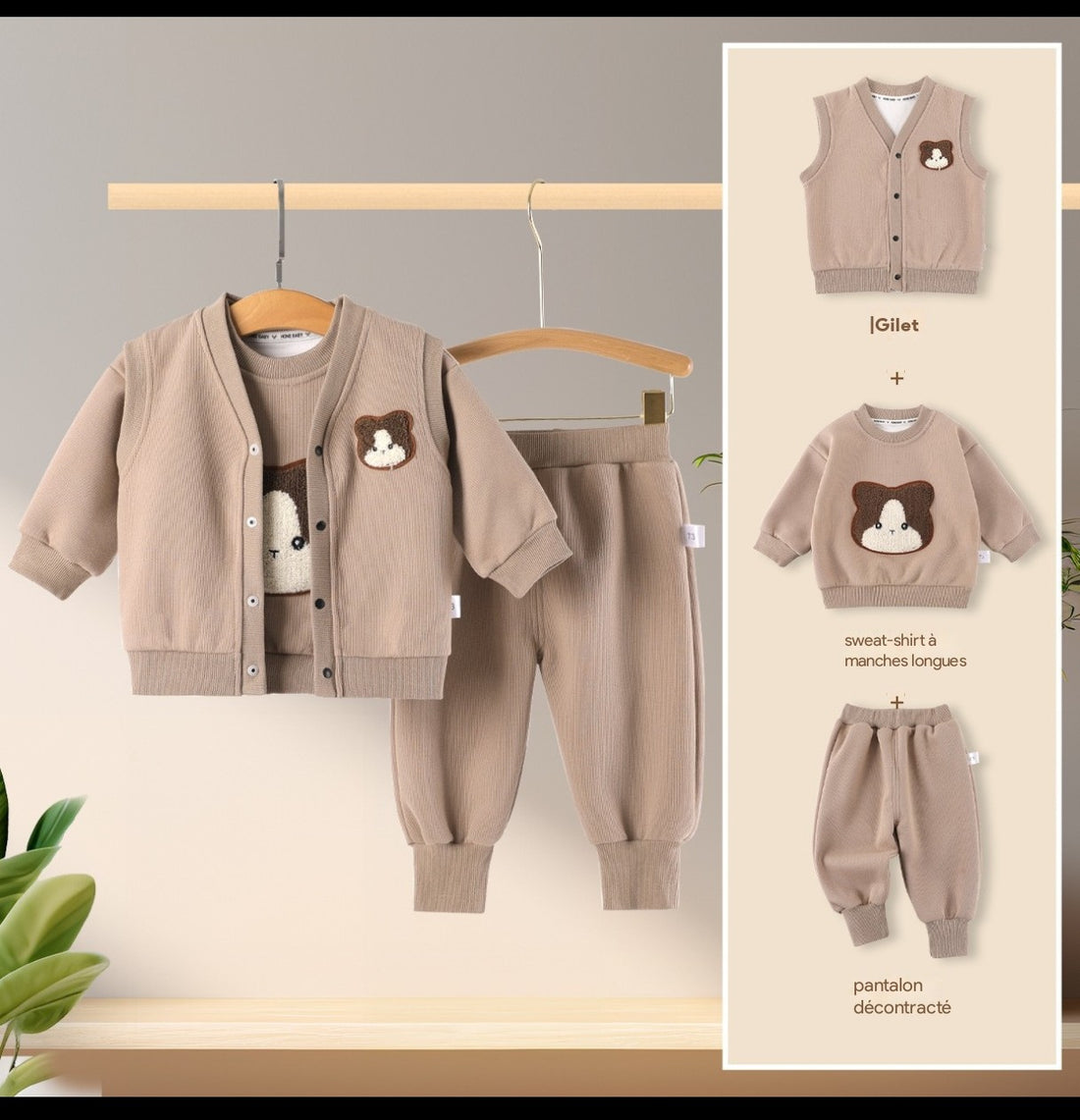 Sweat-shirt, pantalon et gilet ensemble trois pièces