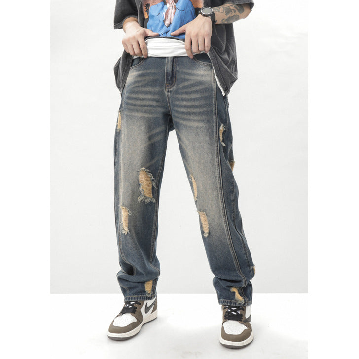 Pantalon Jeans Américain, Coupe Droite Polyvalent Déchiré