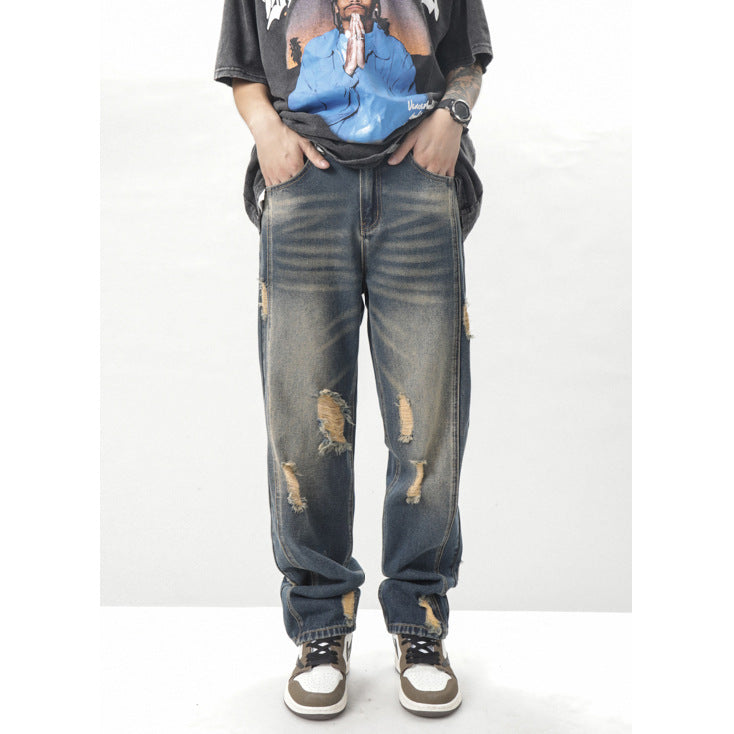 Pantalon Jeans Américain, Coupe Droite Polyvalent Déchiré