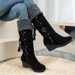 Bottes hautes en coton pour femmes à lacets
