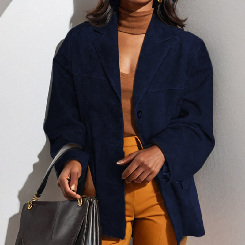 Manteau de costume élégant rétro marron avec poches amples et manches longues